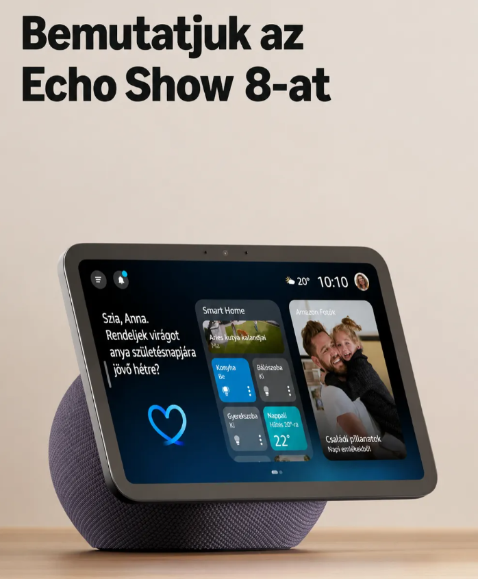 Echo Show 8 (legújabb modell), 8,7 hüvelykes HD kijelző, térhatású hangzást támogat, grafit színű.