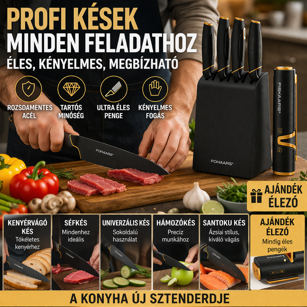 FISKARS® EDGE – Mindig Éles Késkészlet Beépített Élezővel | Könnyed, Precíz Vágás Minden Nap