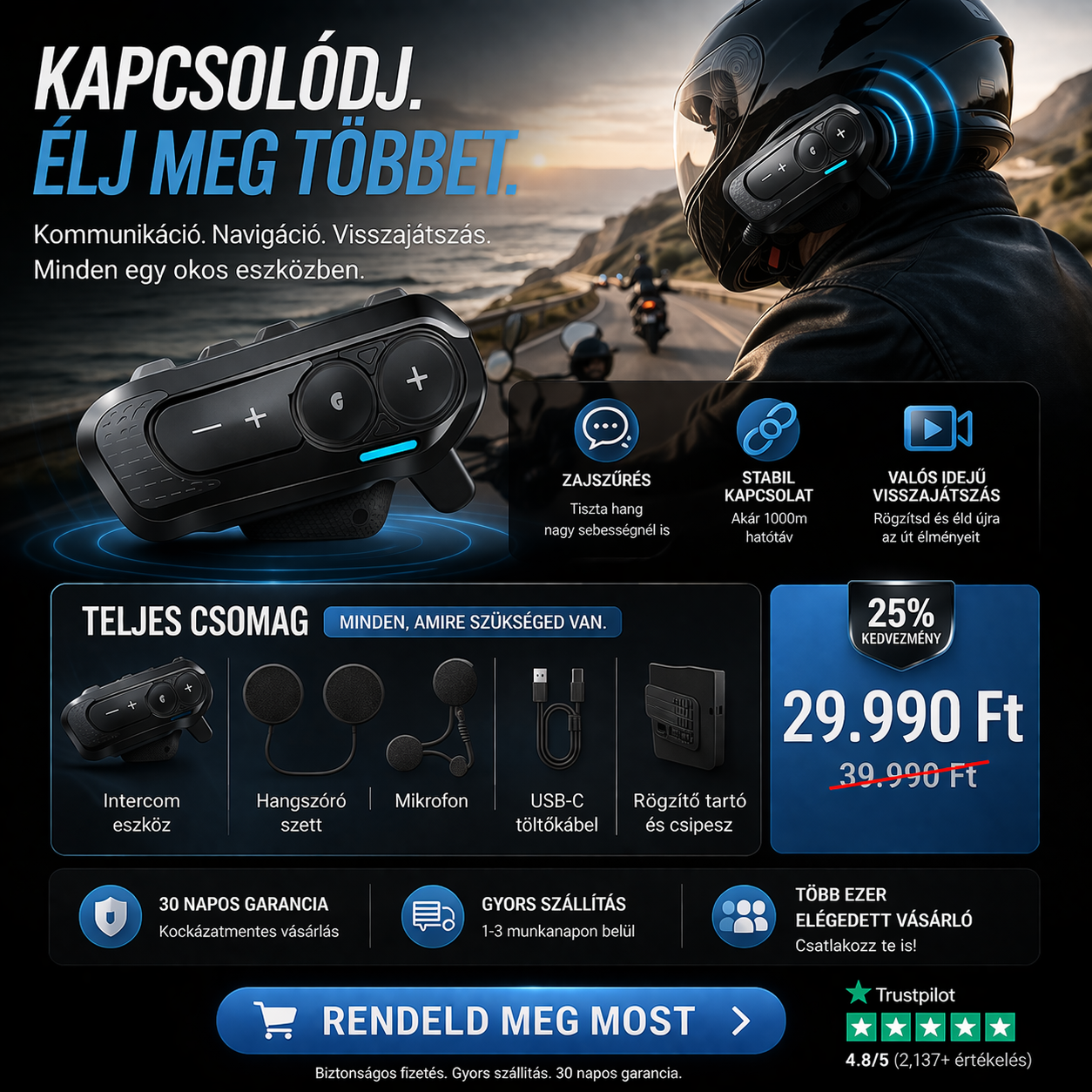 Okos Motoros Bluetooth Intercom – GPS Útvonal Rögzítés + Valós Idejű Visszajátszás + 1000m Kapcsolat