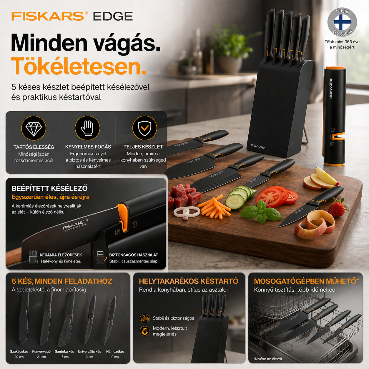 FISKARS® EDGE – Mindig Éles Késkészlet Beépített Élezővel | Könnyed, Precíz Vágás Minden Nap