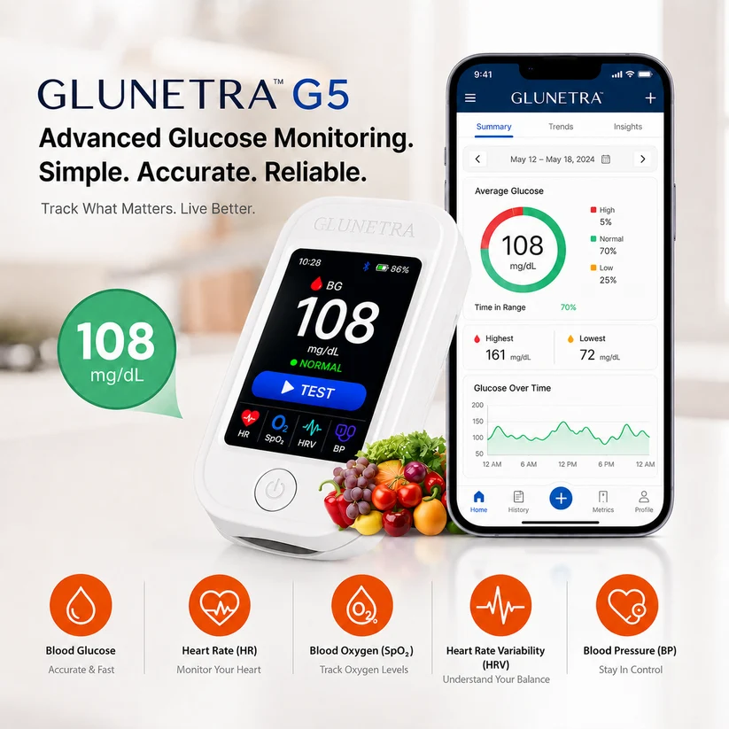 🩺 GLUNETRA™ G5 – Új generációs, non-invazív vércukorszint- és egészségmonitor | 🩸 Ujjbegyszúrás nélküli vércukorszint-mérés | ✅ Egyszerű és kényelmes otthoni használat