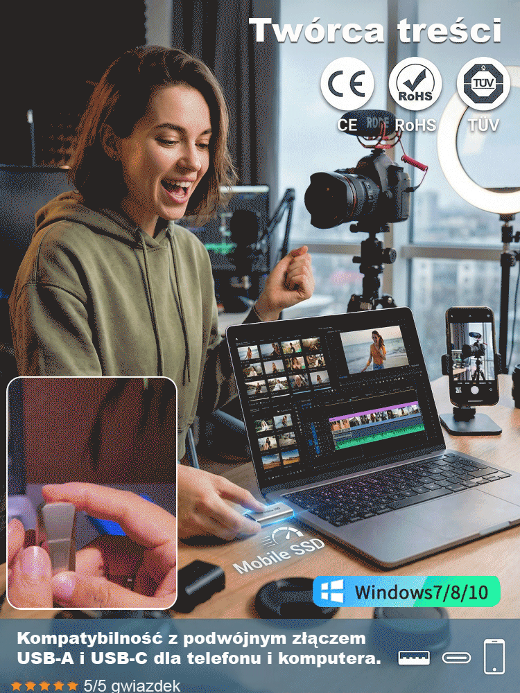 💾 Przenośny dysk SSD 64 TB z podwójnym interfejsem | Szybki transfer 450 MB/s z 256-bitowym szyfrowaniem ✨