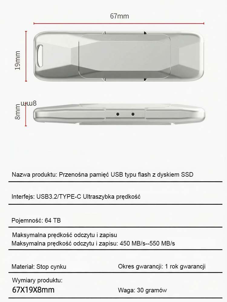 💾 Przenośny dysk SSD 64 TB z podwójnym interfejsem | Szybki transfer 450 MB/s z 256-bitowym szyfrowaniem ✨