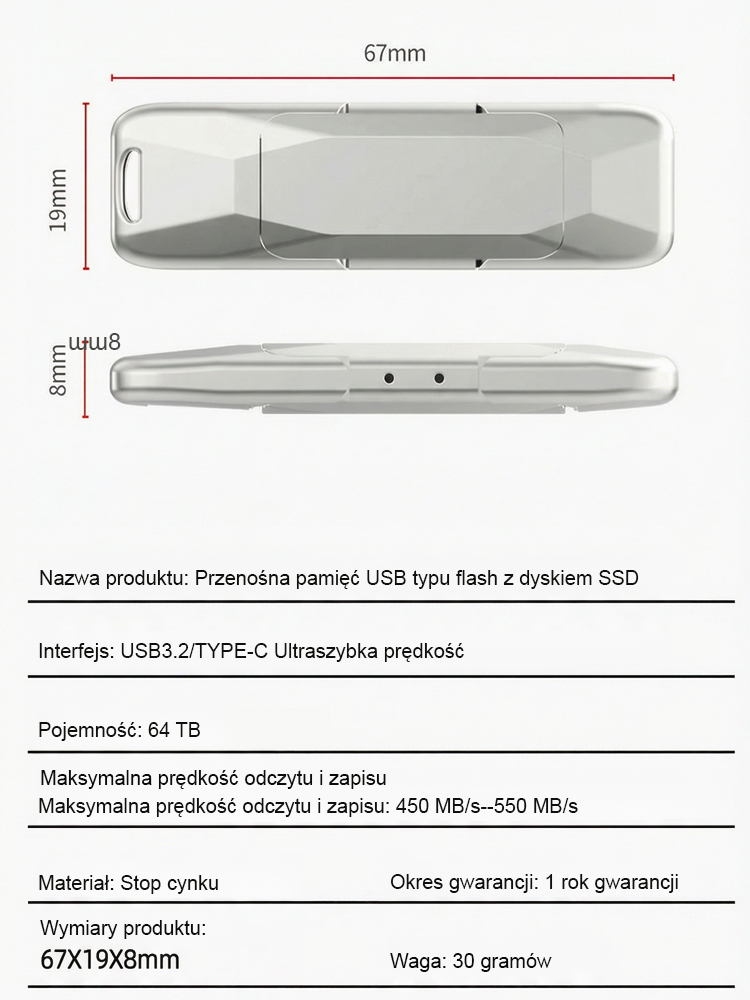 💾 Przenośny dysk SSD 64 TB z podwójnym interfejsem | Szybki transfer 450 MB/s z 256-bitowym szyfrowaniem ✨