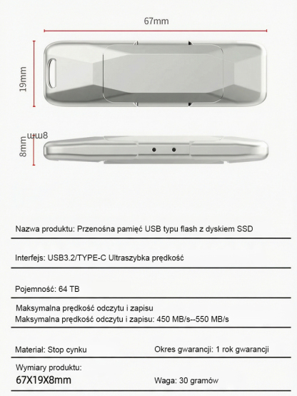 💾 Przenośny dysk SSD 64 TB z podwójnym interfejsem | Szybki transfer 450 MB/s z 256-bitowym szyfrowaniem ✨