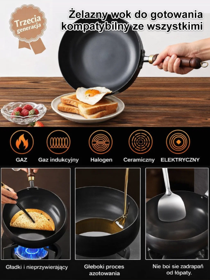 🍳Wok z rafinowanego żeliwa bez powłoki🔥 Nadaje się do wszystkich kuchenek – im częściej go używasz, tym lepszy się staje!