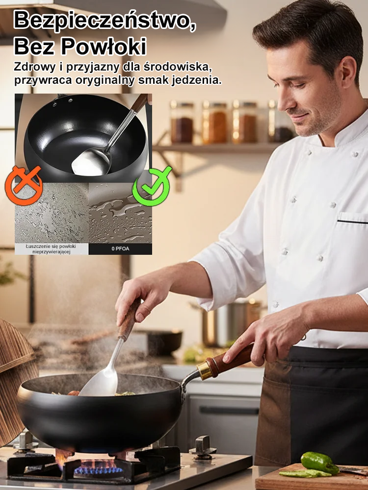 🍳Wok z rafinowanego żeliwa bez powłoki🔥 Nadaje się do wszystkich kuchenek – im częściej go używasz, tym lepszy się staje!