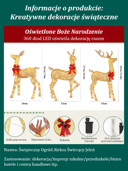 🎄Limitowana edycja świąteczna, 3-częściowy zestaw ozdób reniferowych🎅Wiele trybów oświetlenia🌈Niezbędny element świątecznej atmosfery!