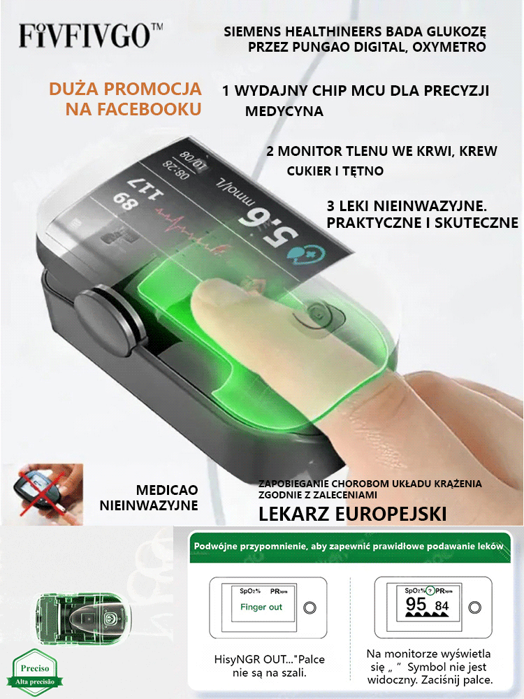 🩸 Nieinwazyjny pulsoksymetr napalcowy: Błyskawiczny pomiar w jedną sekundę – dla Twojego spokoju ducha