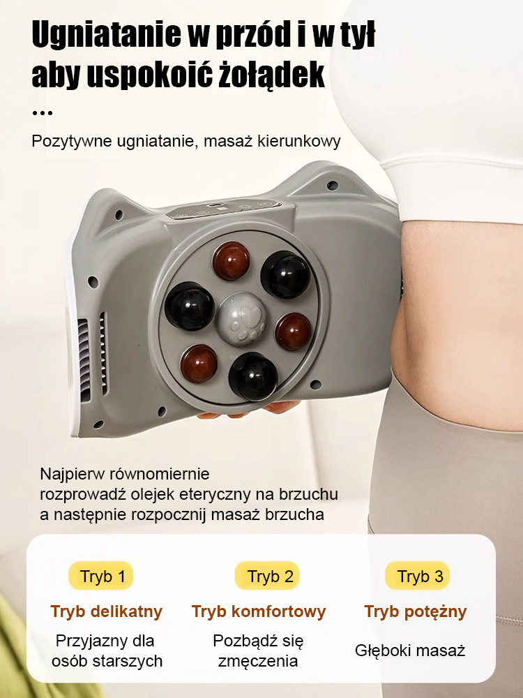 💆‍♀️🌀 Masażer brzucha z wibracjami o wysokiej częstotliwości｜🤲 Dwukierunkowe ugniatanie + 🌀 Wibracje o wysokiej częstotliwości · 🎚️ 3 poziomy intensywności · 📐 Kąt nachylenia 140° · ✨ Pomaga w modelowaniu
