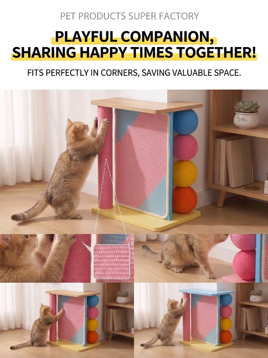 Solid Wood Cat Scratcher Wall Mounted Cat Scratching Post, Space-Saving Sofa Protector for Cats