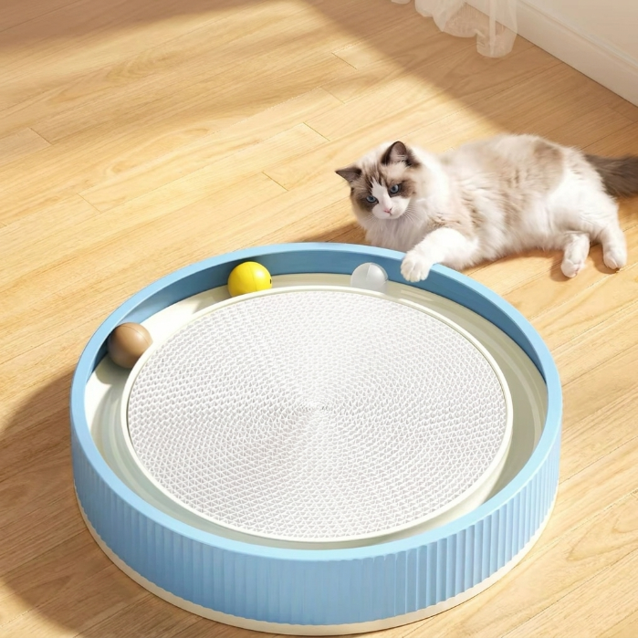 Large Corrugated Cardboard Cat Scratcher Bed with Track Toy Ball, Durable Cat Scratch Pad & Lounge, Mess-Free Claw Board for Cats