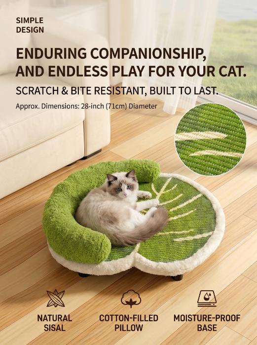 Leaf Shaped Sisal Cat Scratcher Lounge, Natural Scratching Mat & Cozy Cat Bed, Durable Claw Board Sofa for Indoor Cats