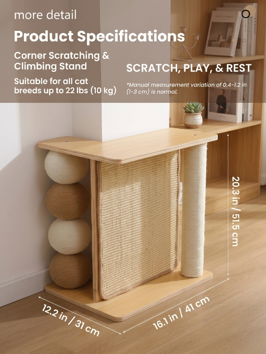 Solid Wood Cat Scratcher Wall Mounted Cat Scratching Post, Space-Saving Sofa Protector for Cats