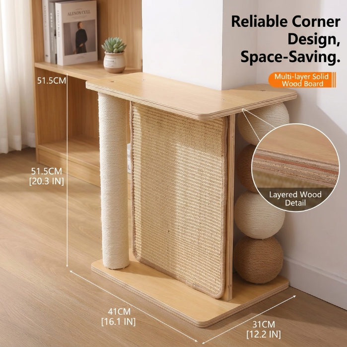 Solid Wood Cat Scratcher Wall Mounted Cat Scratching Post, Space-Saving Sofa Protector for Cats