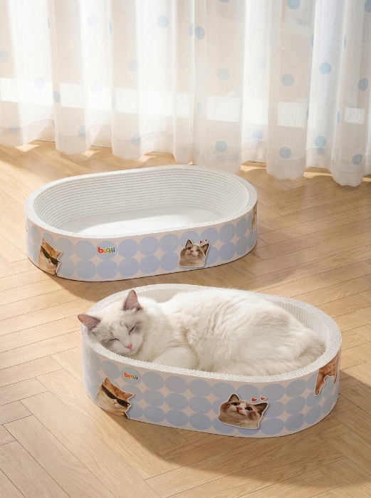 Large White Corrugated Cardboard Cat Scratcher Bed | Durable Cat Scratch Pad & Cozy Cat Lounge