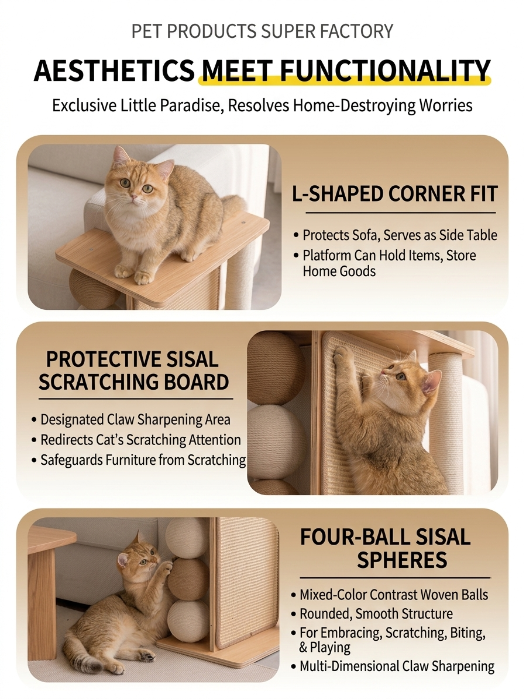 Solid Wood Cat Scratcher Wall Mounted Cat Scratching Post, Space-Saving Sofa Protector for Cats