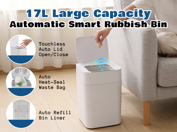 Self-Sealing & Self-Changing Automatic Trash Can, 5.3 Gallon (20L) Smart Trash Can Motion Sensor, Touchless Garbage Can with Lid for Kitchen, Bathroom, Bedroom, Office, Odor-Sealing Design