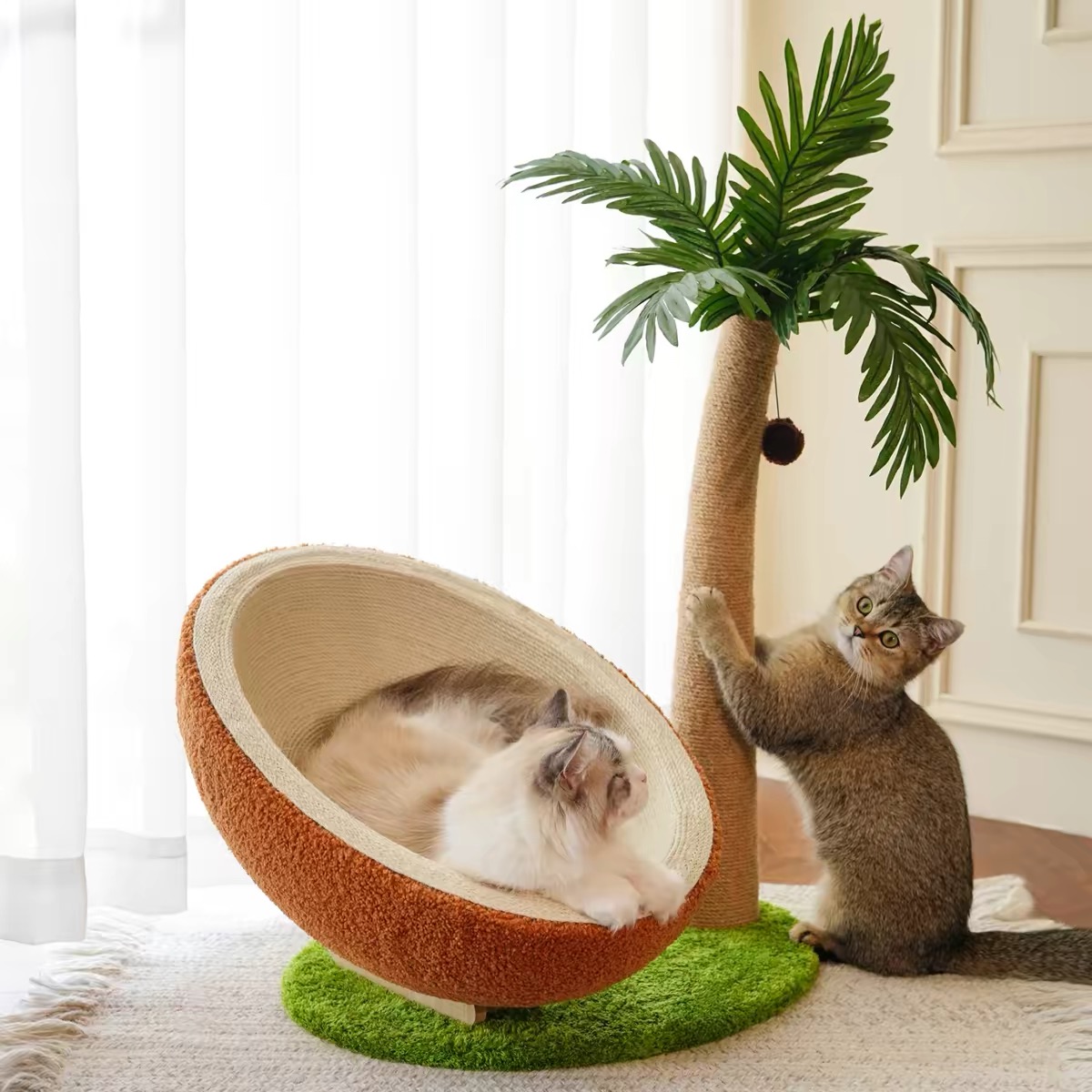 Coconut Tree Cat Scratching Post & Bed, Sisal Cat Tree with Cozy Hideaway, Climbing Tower & Scratch Toy for Cats