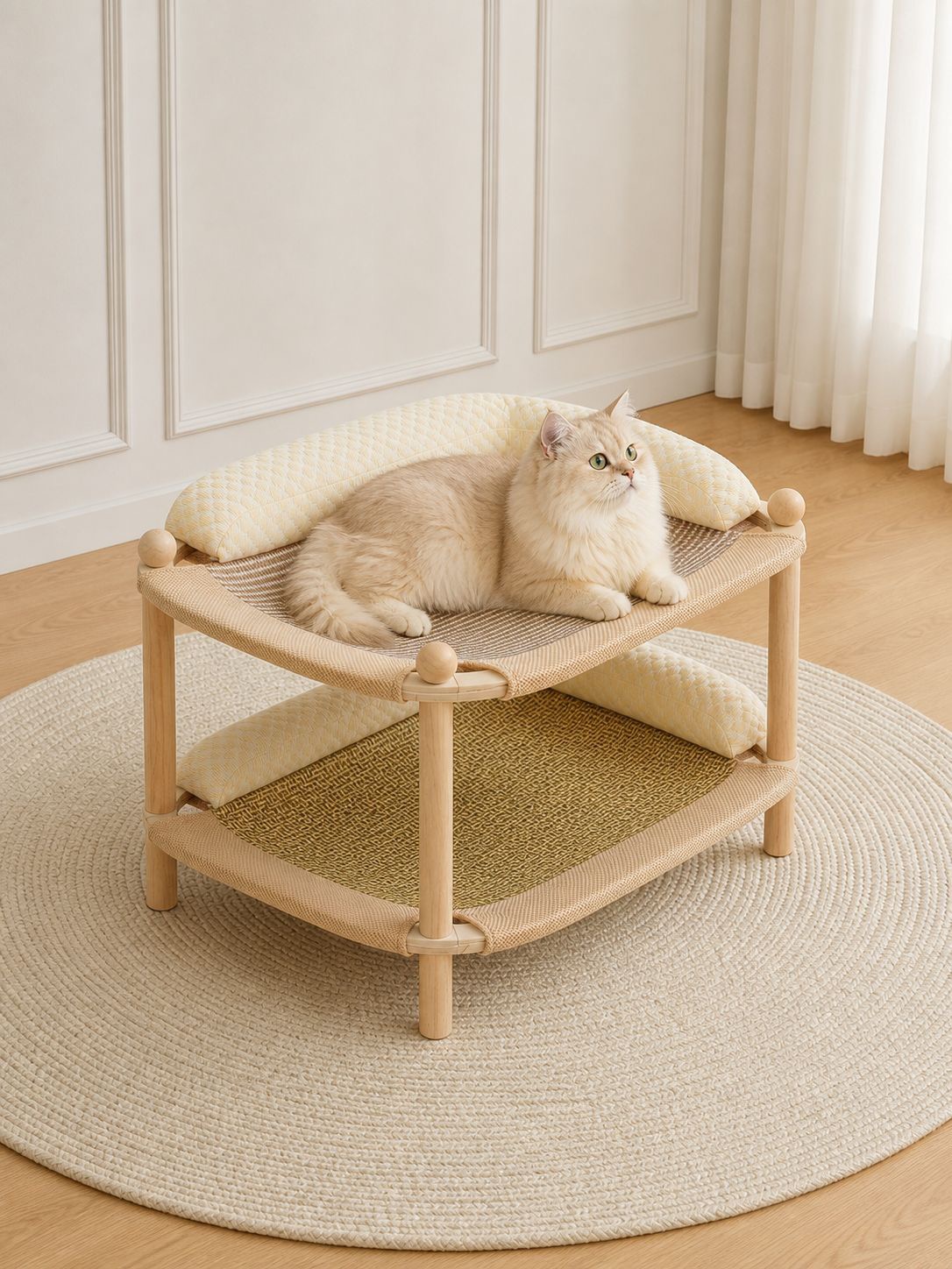 Two-Tier Wooden Cat Bed & Scratcher