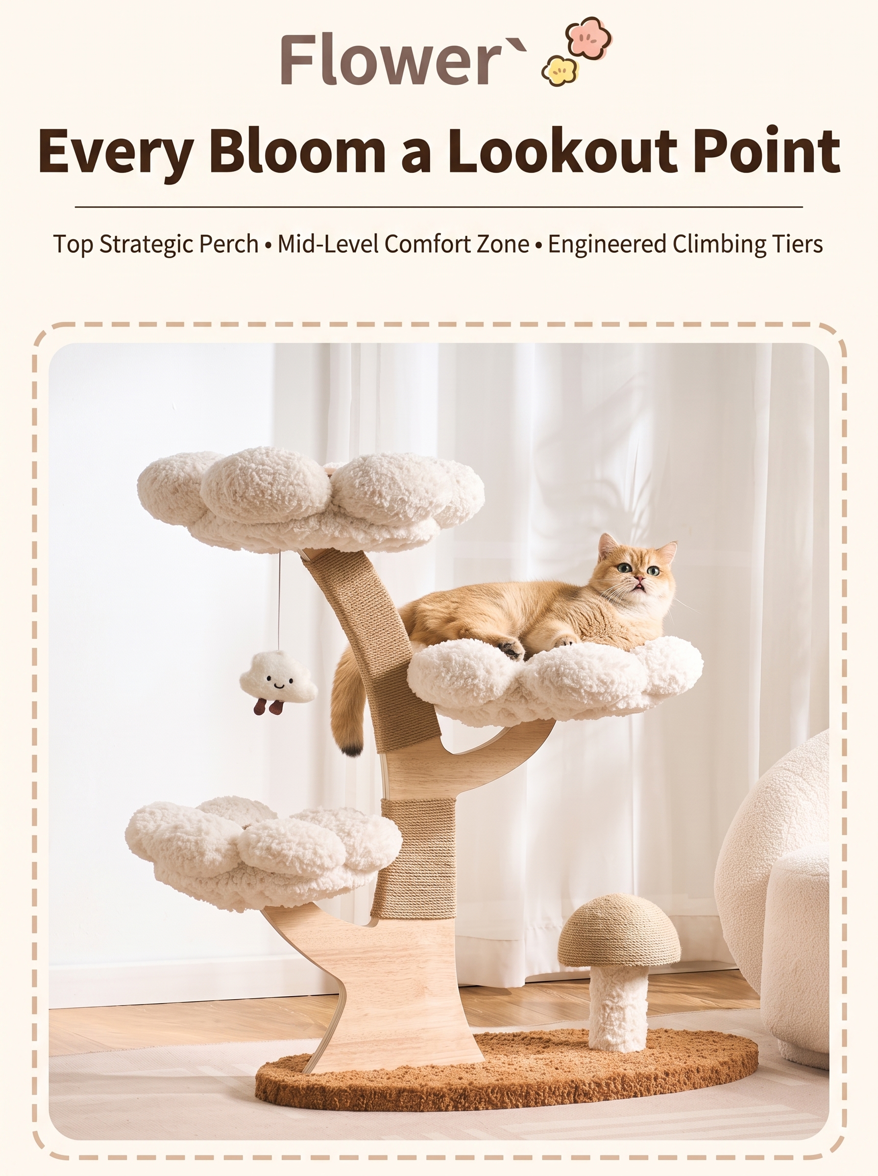 Cloud Flower Cat Tree with Mushroom Scratching Post & Cozy Hideaway