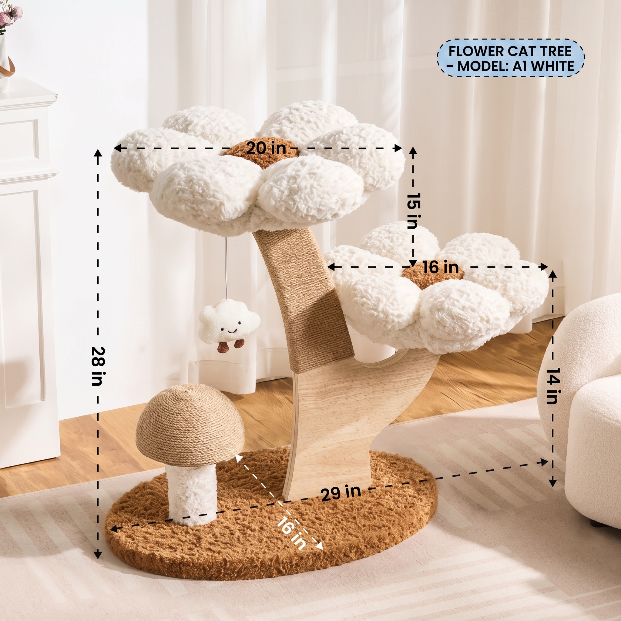 Cloud Flower Cat Tree with Mushroom Scratching Post & Cozy Hideaway