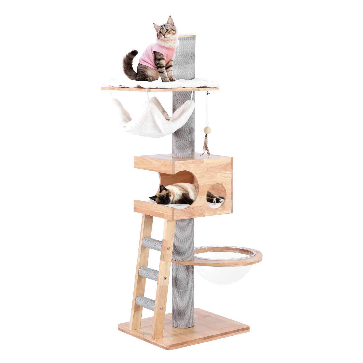 62" H Pure Solid Wood Multi-Nest Cat Climbing Frame with Toys