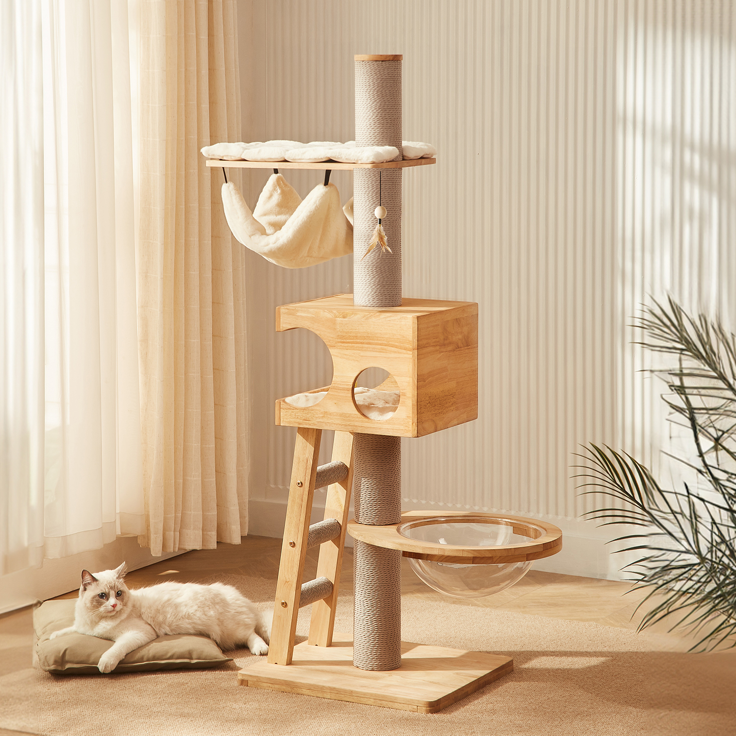 62" H Pure Solid Wood Multi-Nest Cat Climbing Frame with Toys