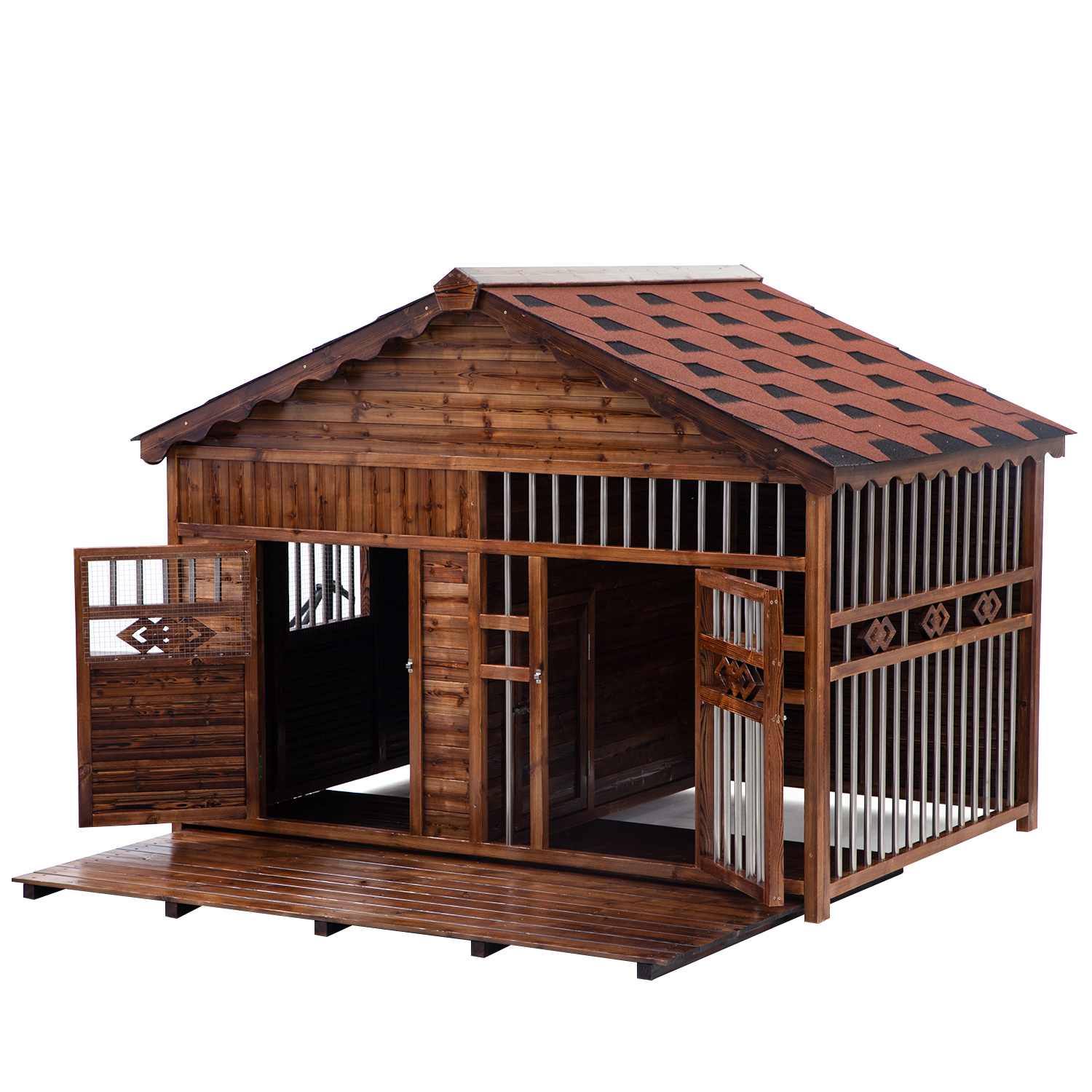 Solid Wood Outdoor Dog House with Cage
