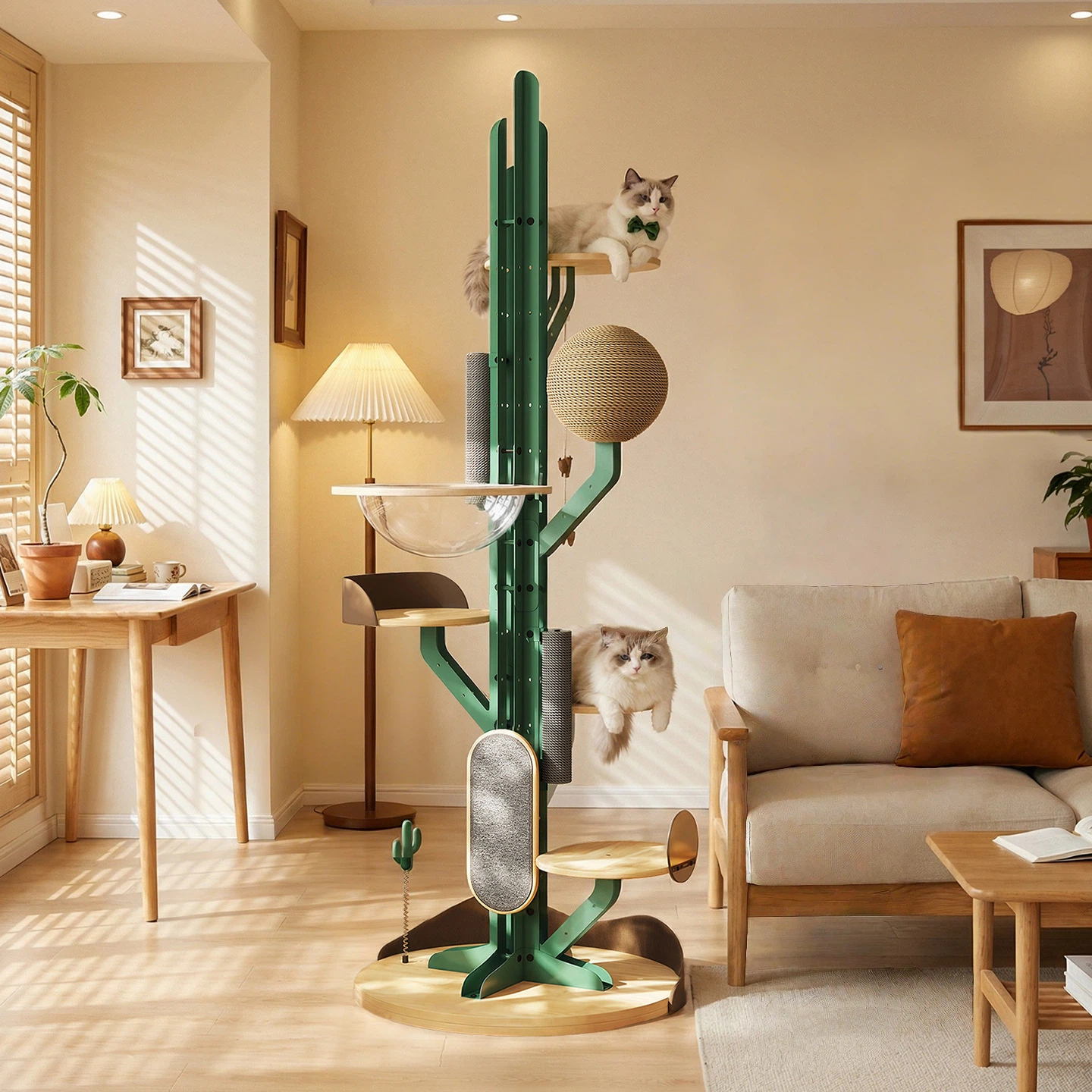 Large Cat Tree Tower for Indoor Cats, Heavy Duty Solid Wood & Iron Frame, Modern Cat Condo with Built-in Cat House, Space Saving Vertical Climber for Large Cats