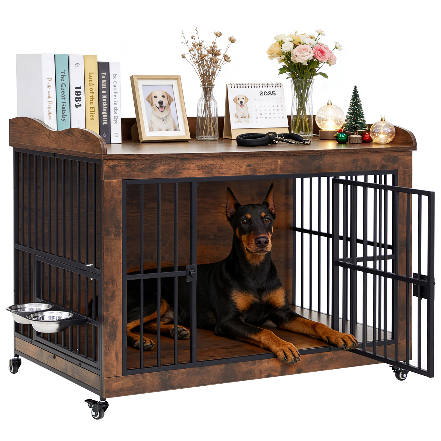 Dog Crate Furniture for Small Medium Dogs, Steel Solid Wood Dog Kennel Indoor, Escape-Proof Lock & Chew-Resistant, Home Décor Integration Multi-Purpose Pet Cage Furnitures 