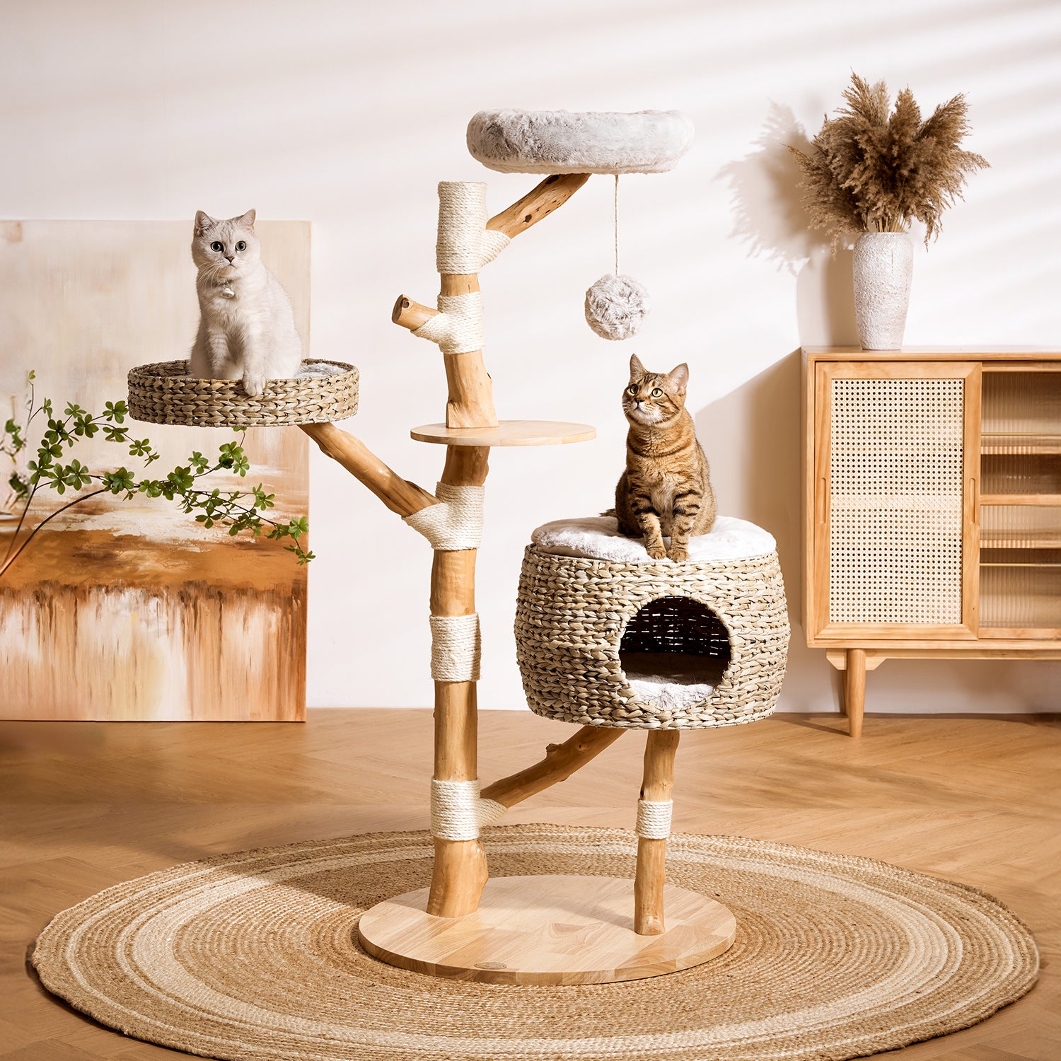 60" Solid Wood Cattail Woven Cat Climbing Frame
