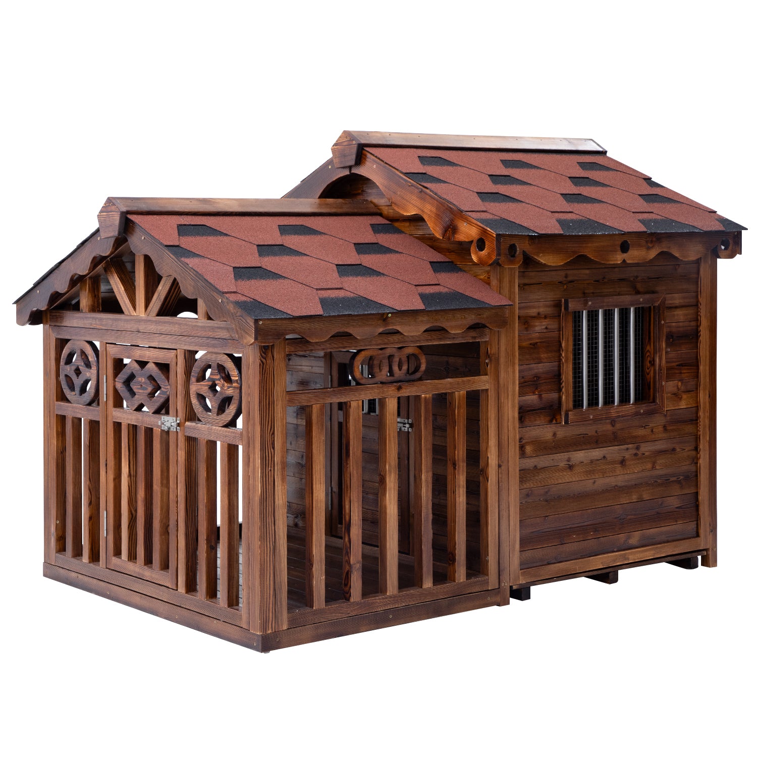 Solid Wood Outdoor Dog House with Patio Cage