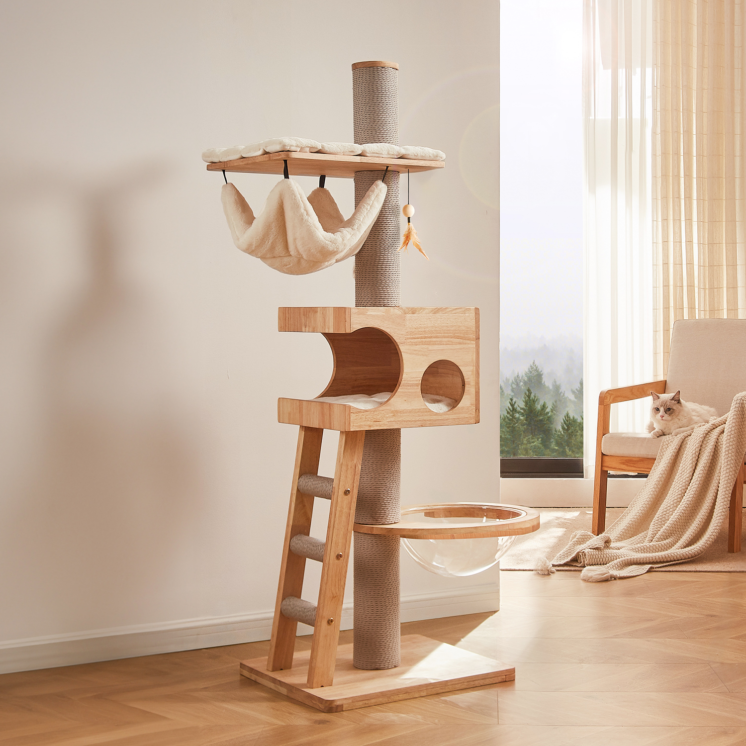 62" H Pure Solid Wood Multi-Nest Cat Climbing Frame with Toys