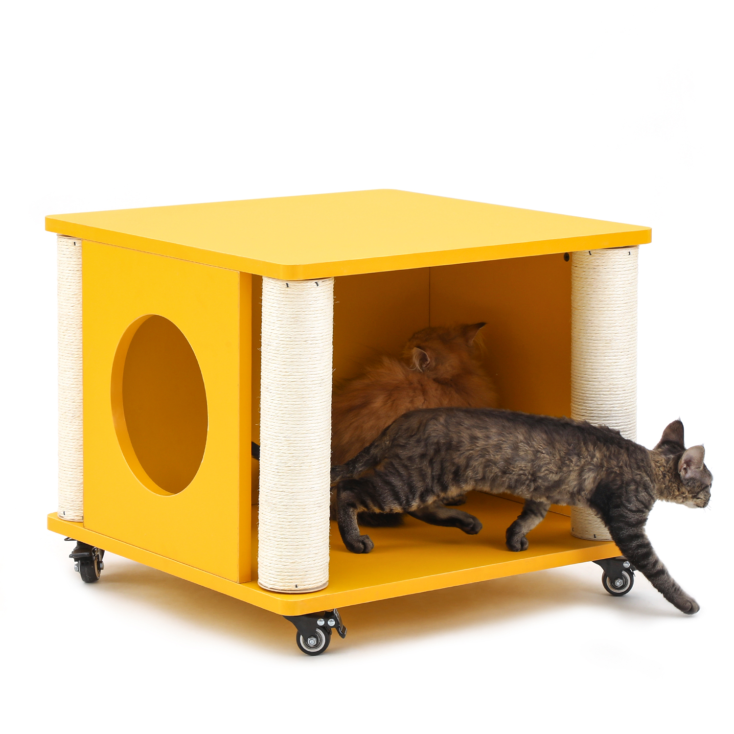 Yellow 4-Wheel Storage Cat Scratching Post, Pet-Friendly Coffee Table