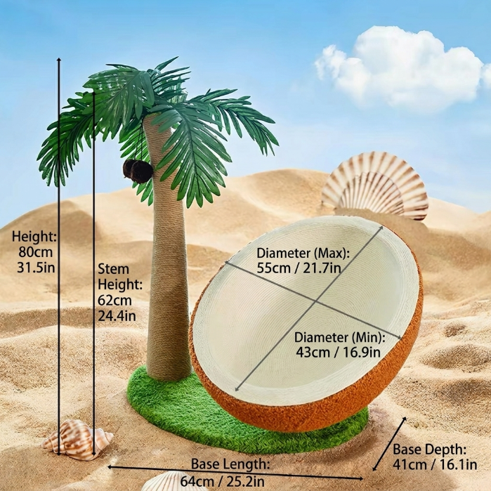 Coconut Tree Cat Scratching Post & Bed, Sisal Cat Tree with Cozy Hideaway, Climbing Tower & Scratch Toy for Cats
