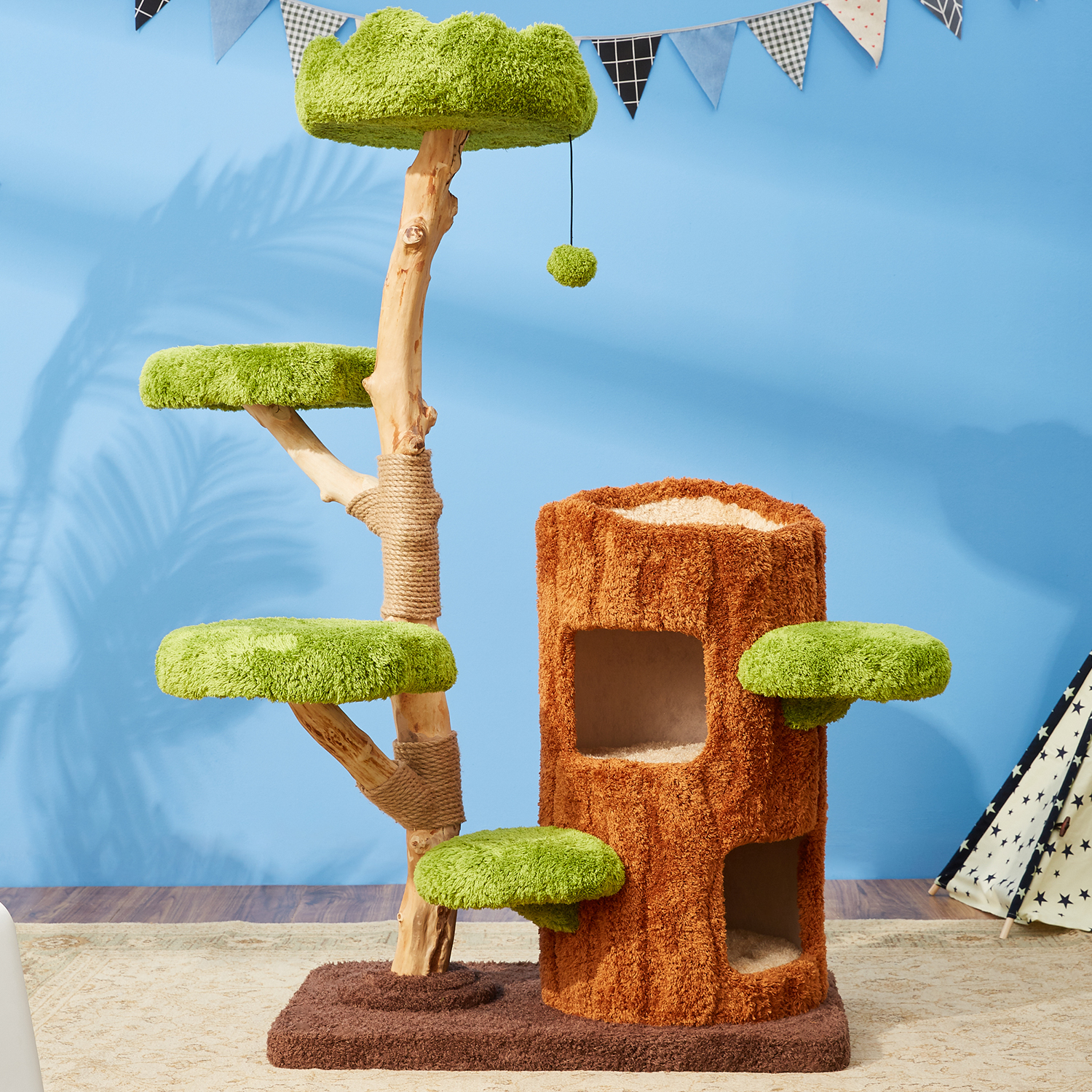 55" H Solid Wood Modern Cat Tree Tower Condo
