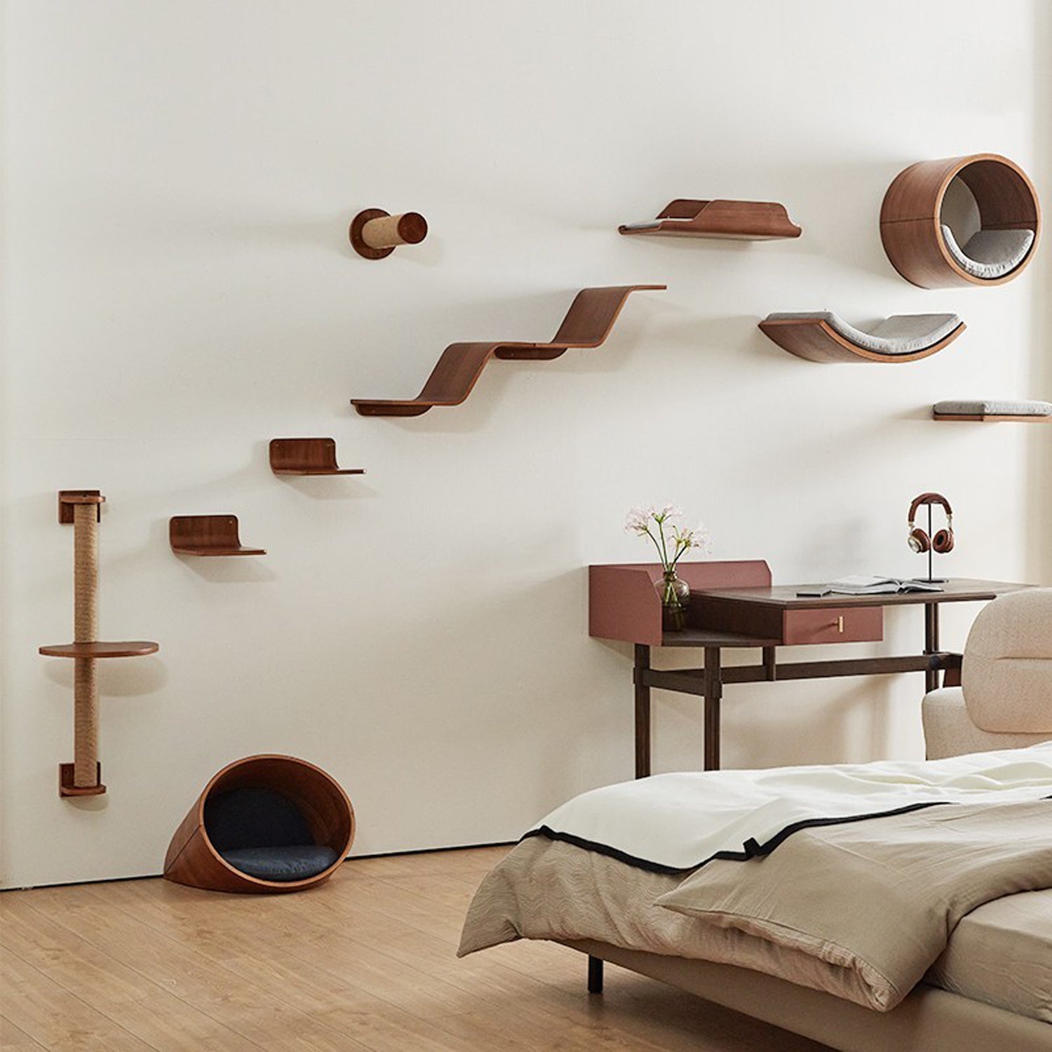 North American Black Walnut Solid Wood Wall-mounted Cat Bed 10-piece Set