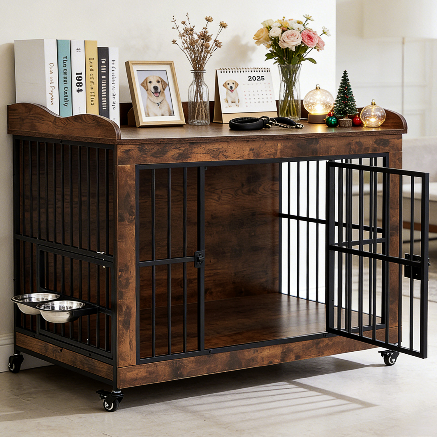 Dog Crate Furniture for Small Medium Dogs, Steel Solid Wood Dog Kennel Indoor, Escape-Proof Lock & Chew-Resistant, Home Décor Integration Multi-Purpose Pet Cage Furnitures 