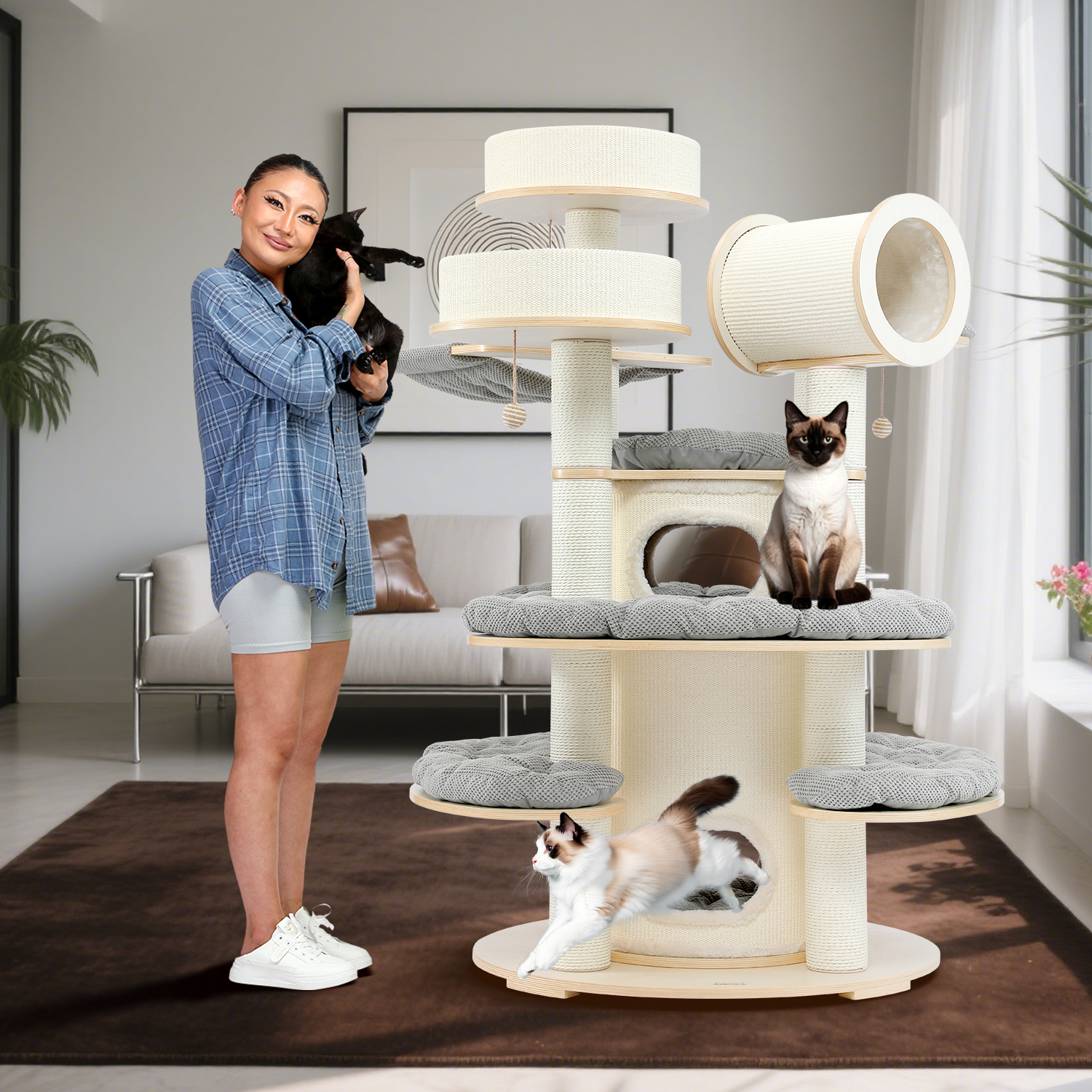 66"Solid wood large cat tower