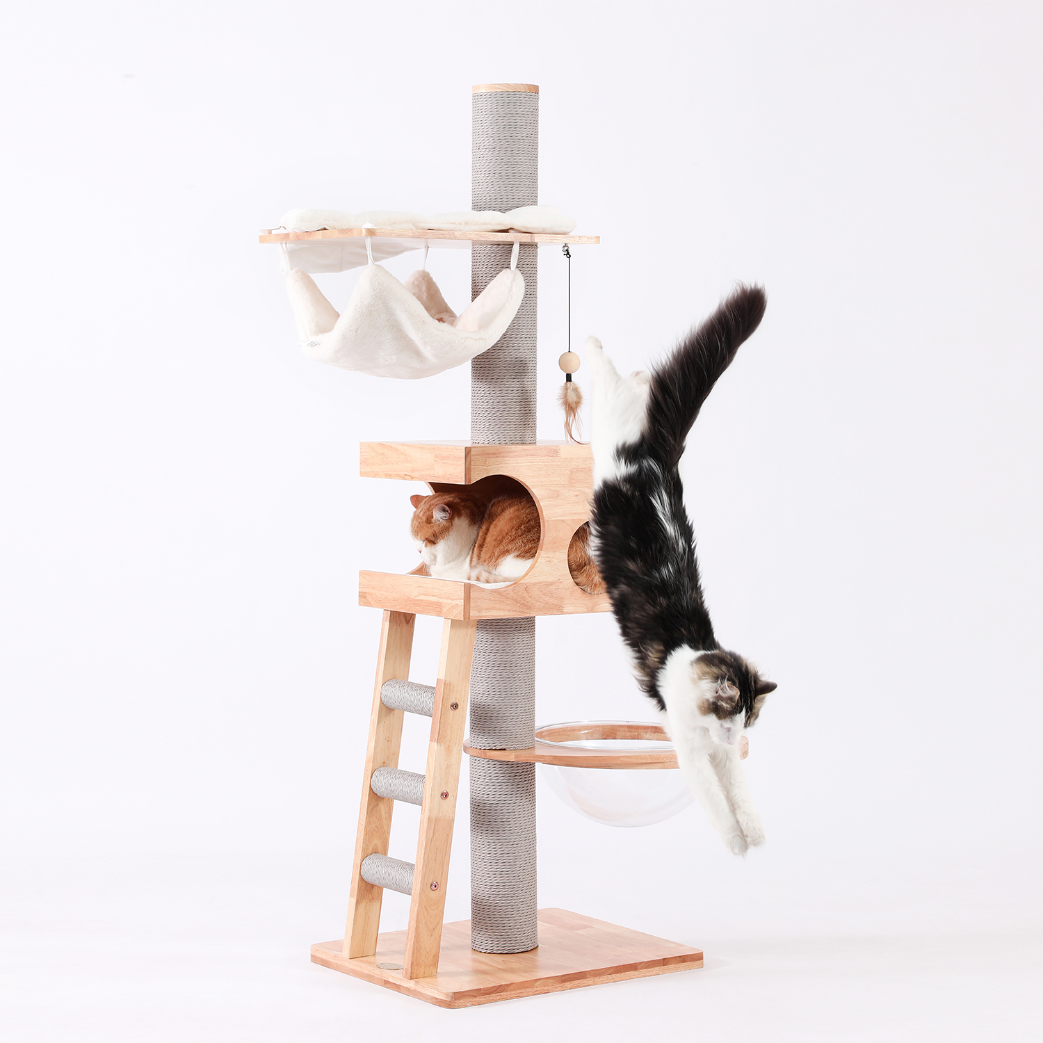 62" H Pure Solid Wood Multi-Nest Cat Climbing Frame with Toys