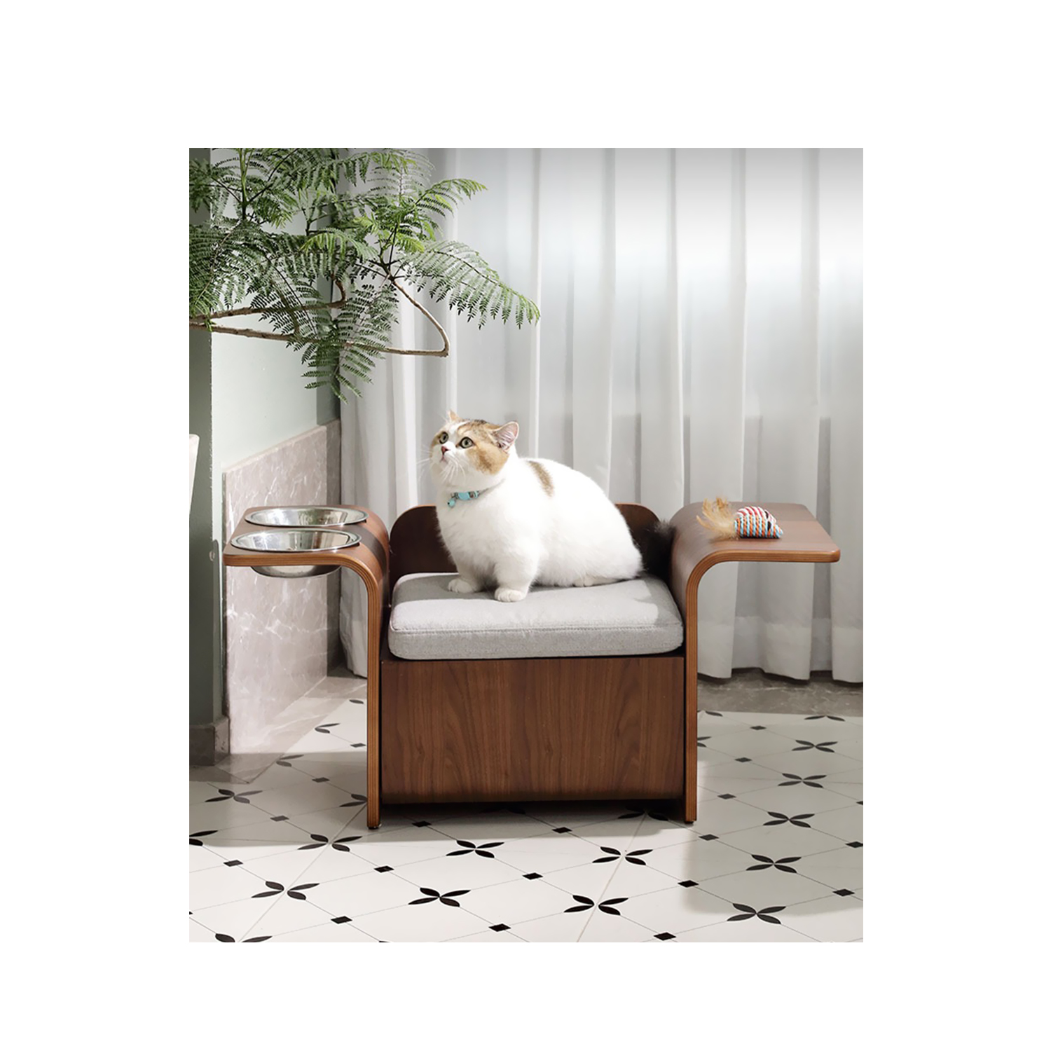 North American Black Walnut Cat Bed with Bowl