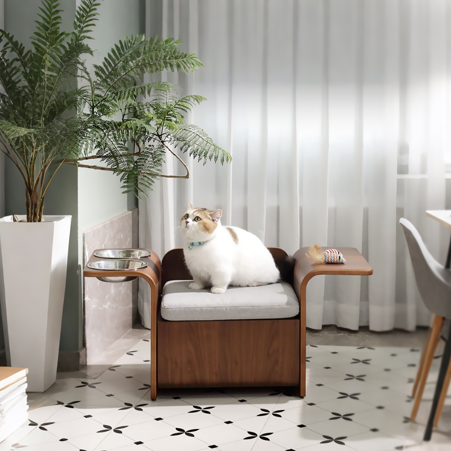 North American Black Walnut Veneer Cat Bed with Bowl