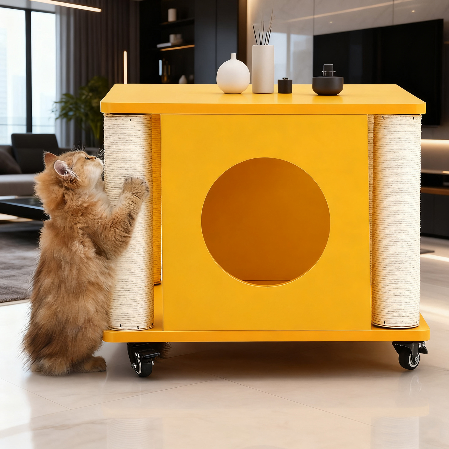 Yellow 4-Wheel Storage Cat Scratching Post, Pet-Friendly Coffee Table