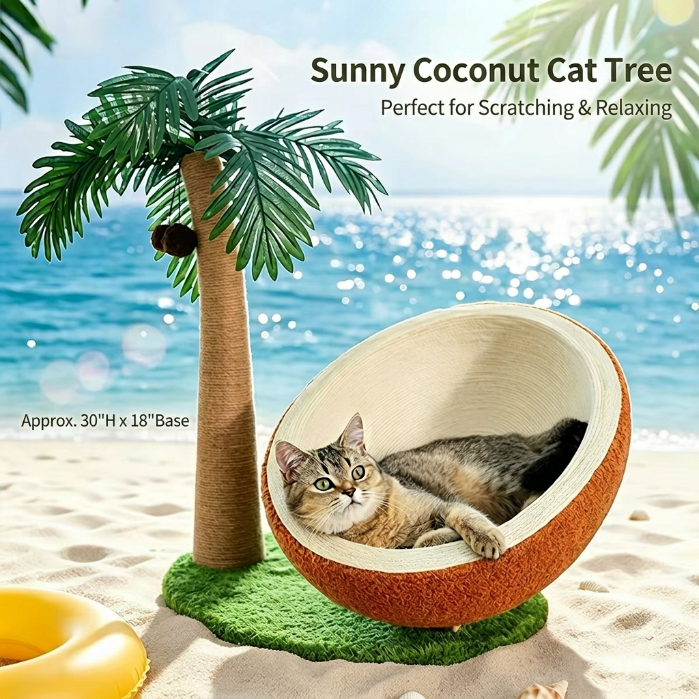 Coconut Tree Cat Scratching Post & Bed, Sisal Cat Tree with Cozy Hideaway, Climbing Tower & Scratch Toy for Cats