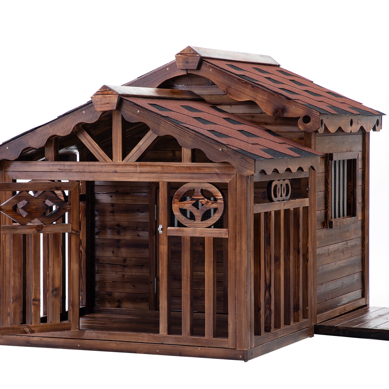 Solid Wood Outdoor Dog House with Patio Cage
