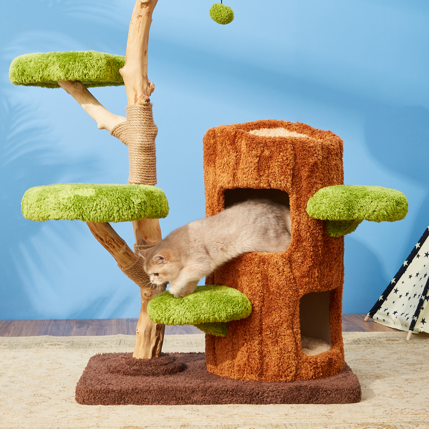 55" H Solid Wood Modern Cat Tree Tower Condo