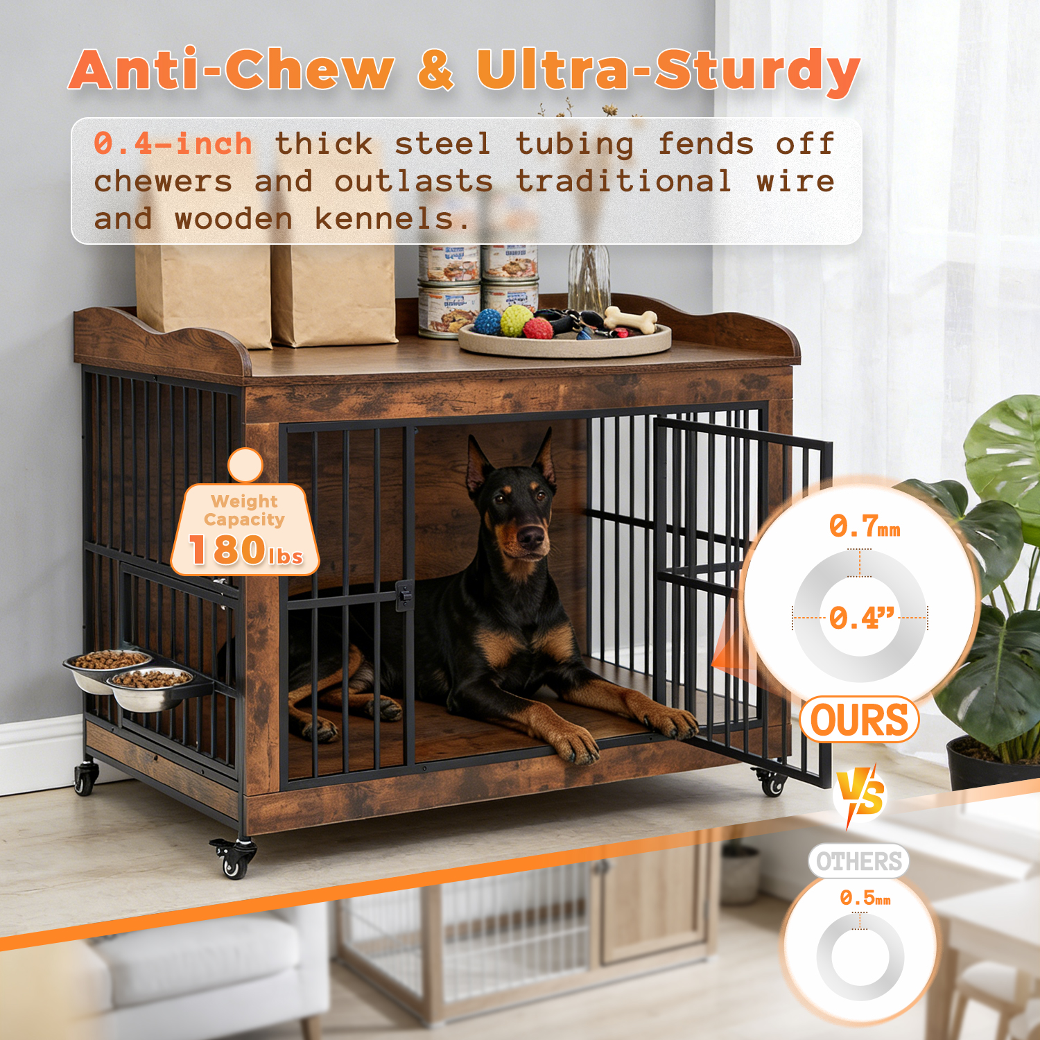 Dog Crate Furniture for Small Medium Dogs, Steel Solid Wood Dog Kennel Indoor, Escape-Proof Lock & Chew-Resistant, Home Décor Integration Multi-Purpose Pet Cage Furnitures 