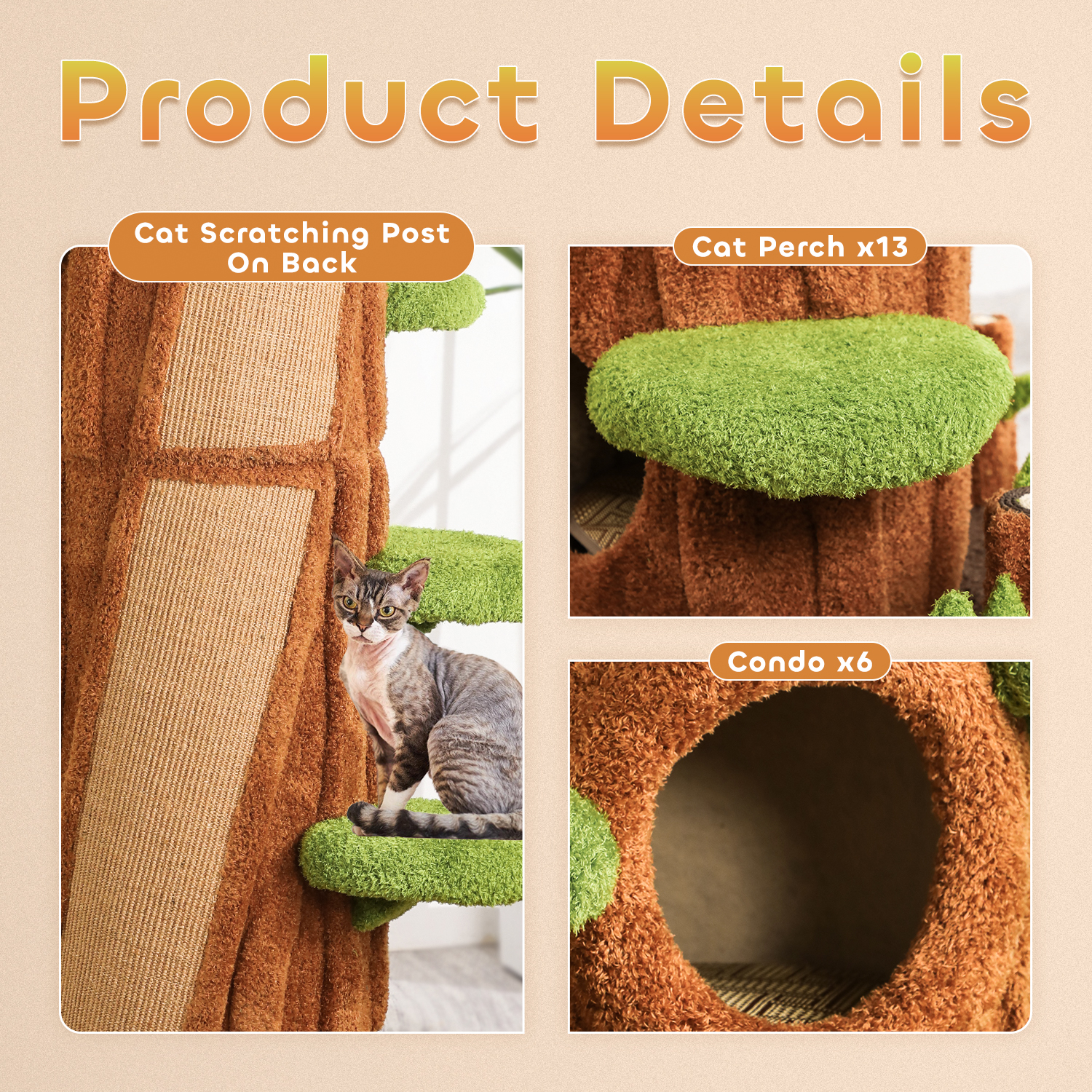 91" Solid Wood Large Cat Tree Tower Condo