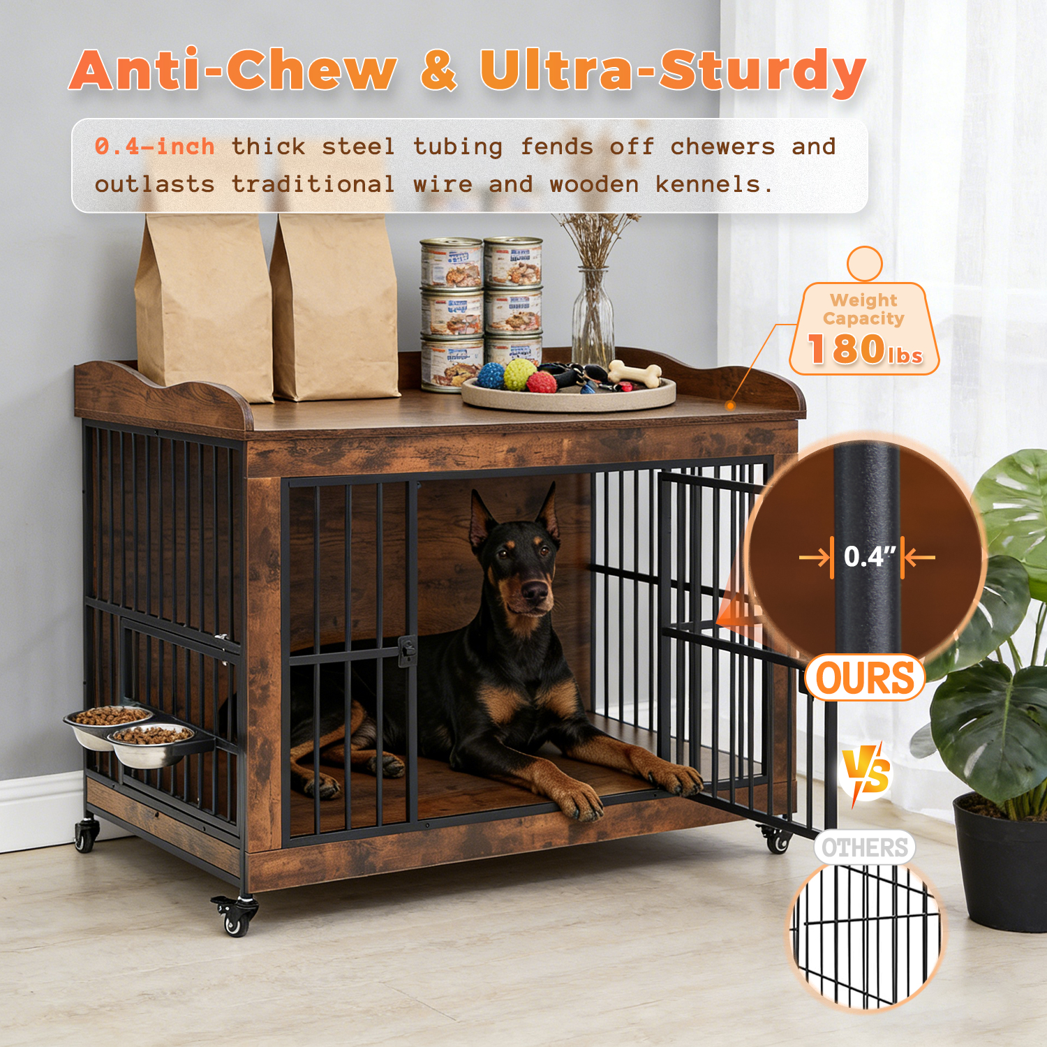 Dog Crate Furniture for Small Medium Dogs, Steel Solid Wood Dog Kennel Indoor, Escape-Proof Lock & Chew-Resistant, Home Décor Integration Multi-Purpose Pet Cage Furnitures 